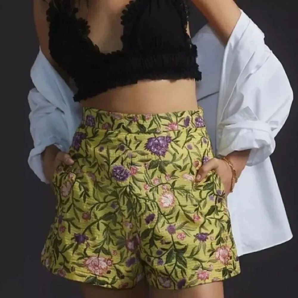 Anthropologie La Fuori Floral Embroidered Silk Shorts XXS